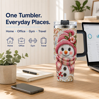 #pl[40oz|Black] Pink Winter Snowman 40oz Tumbler, Floral Stainless Steel Travel Cup