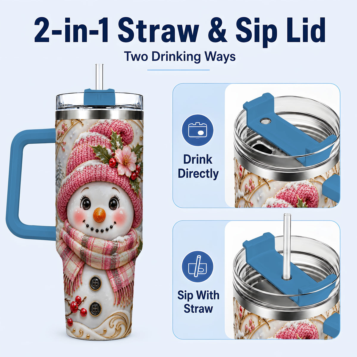 #pl[40oz|Blue] Pink Winter Snowman 40oz Tumbler, Floral Stainless Steel Travel Cup