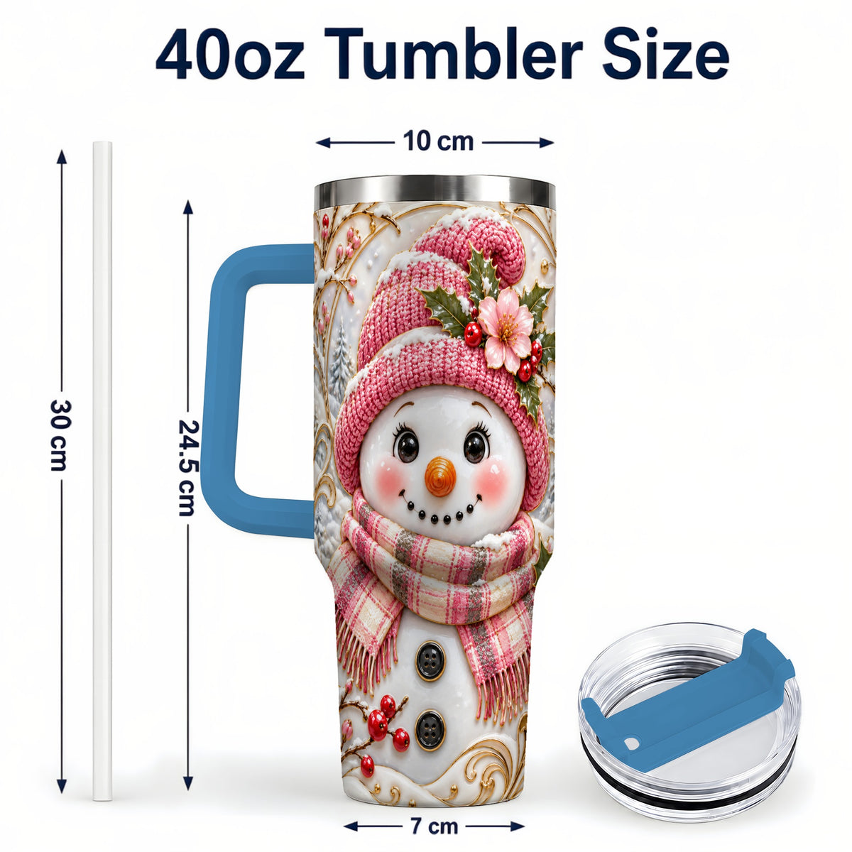 #pl[40oz|Blue] Pink Winter Snowman 40oz Tumbler, Floral Stainless Steel Travel Cup