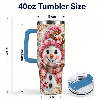 #pl[40oz|Blue] Pink Winter Snowman 40oz Tumbler, Floral Stainless Steel Travel Cup