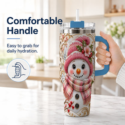 #pl[40oz|Blue] Pink Winter Snowman 40oz Tumbler, Floral Stainless Steel Travel Cup