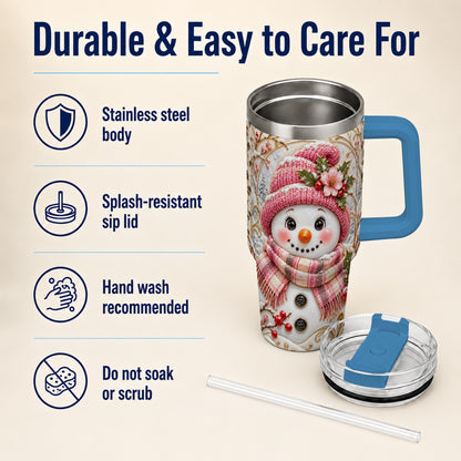 #pl[40oz|Blue] Pink Winter Snowman 40oz Tumbler, Floral Stainless Steel Travel Cup