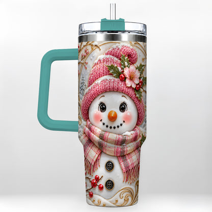 #pl[40oz|Green] Pink Winter Snowman 40oz Tumbler, Floral Stainless Steel Travel Cup