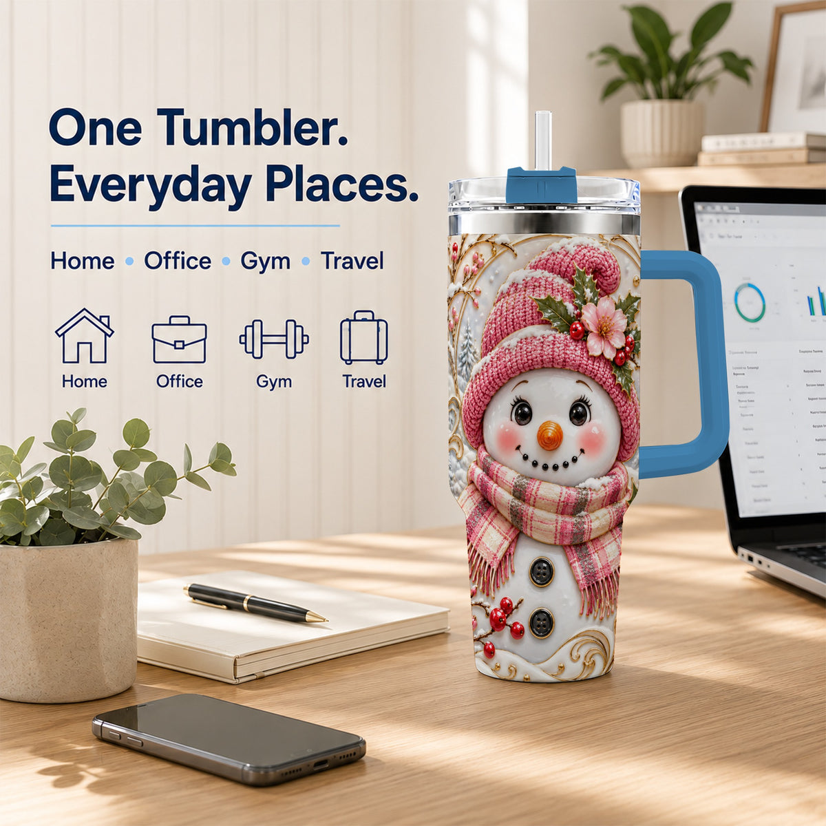 #pl[40oz|Blue] Pink Winter Snowman 40oz Tumbler, Floral Stainless Steel Travel Cup
