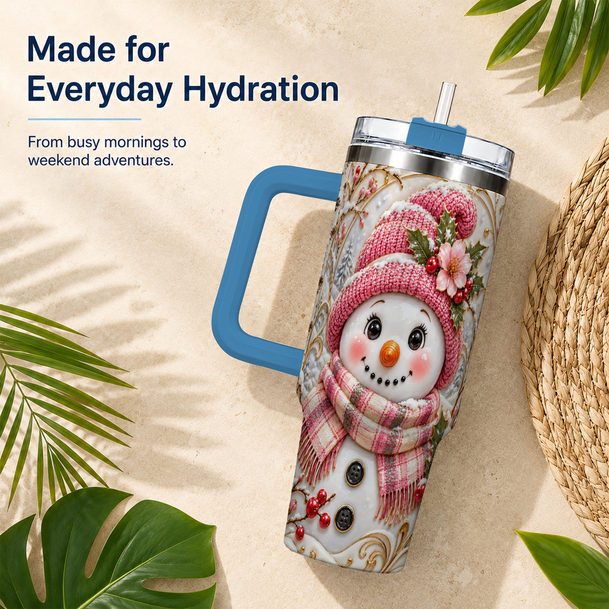 #pl[40oz|Blue] Pink Winter Snowman 40oz Tumbler, Floral Stainless Steel Travel Cup
