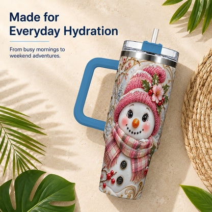 #pl[40oz|Blue] Pink Winter Snowman 40oz Tumbler, Floral Stainless Steel Travel Cup