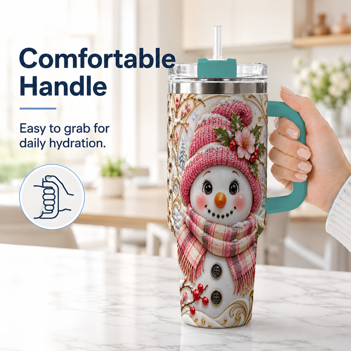 #pl[40oz|Green] Pink Winter Snowman 40oz Tumbler, Floral Stainless Steel Travel Cup