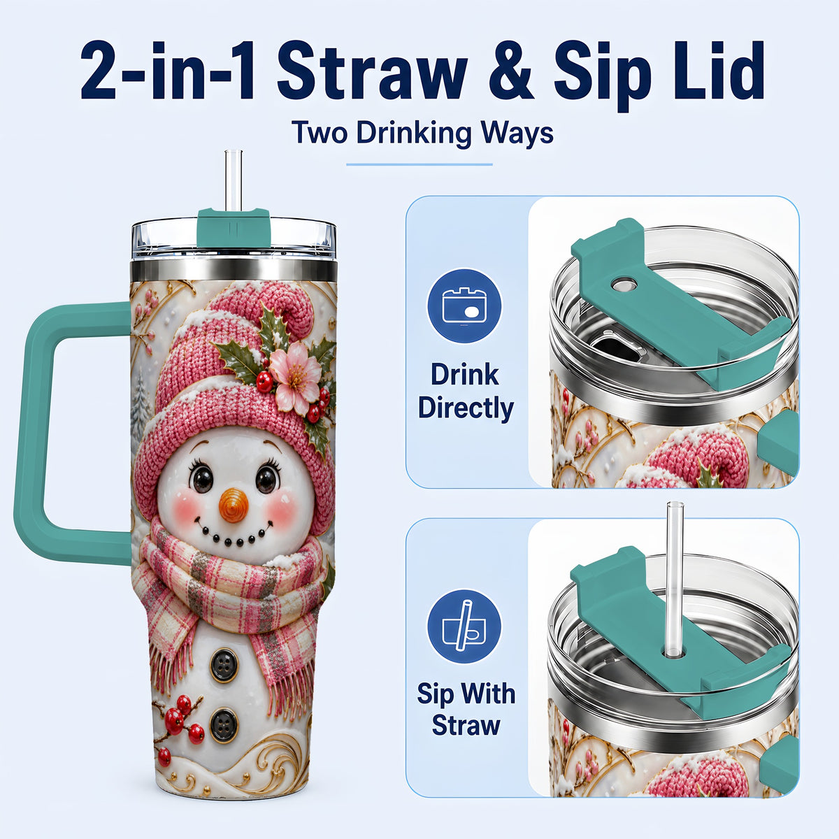 #pl[40oz|Green] Pink Winter Snowman 40oz Tumbler, Floral Stainless Steel Travel Cup