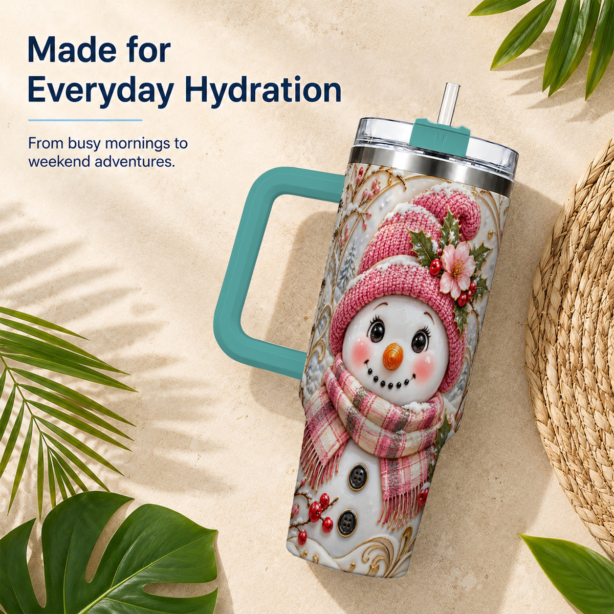 #pl[40oz|Green] Pink Winter Snowman 40oz Tumbler, Floral Stainless Steel Travel Cup