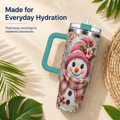 #pl[40oz|Green] Pink Winter Snowman 40oz Tumbler, Floral Stainless Steel Travel Cup