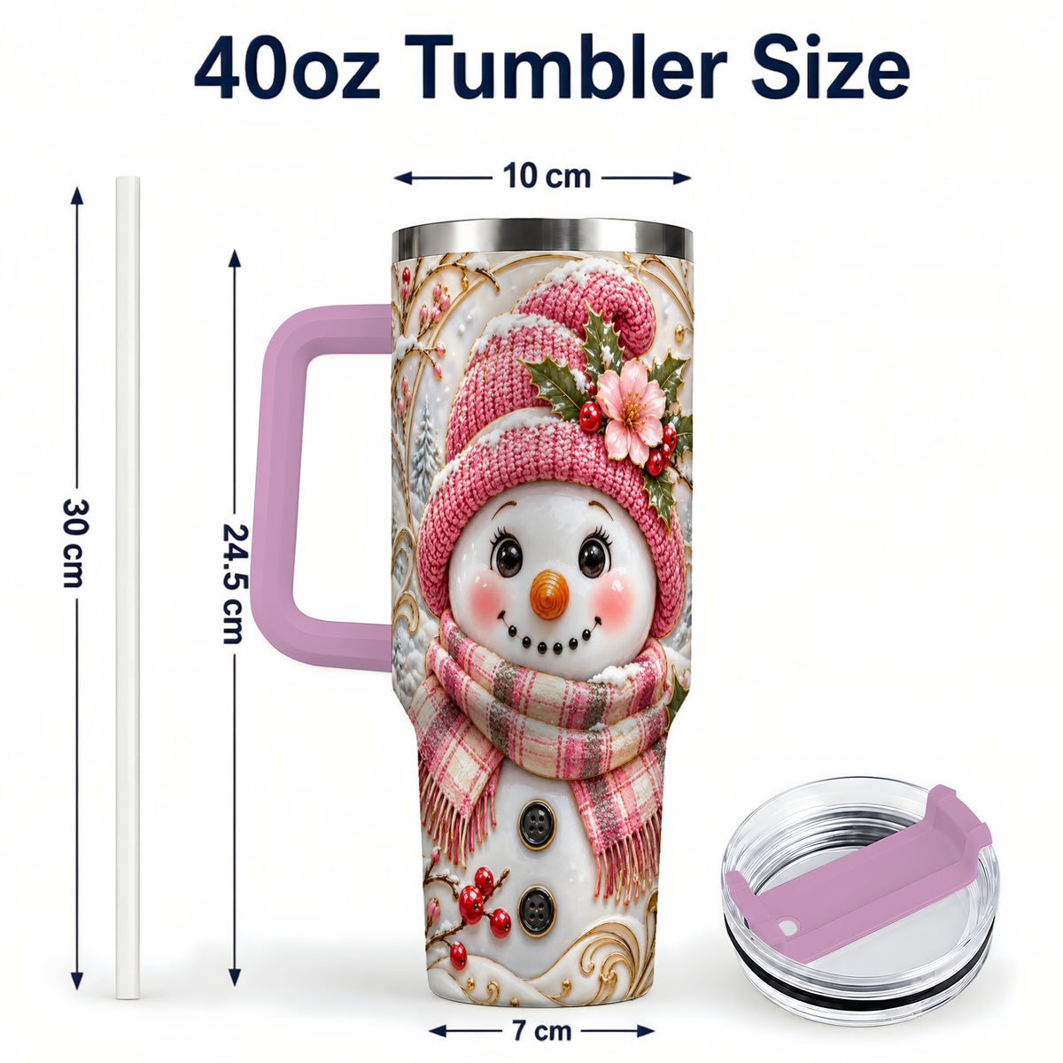 #pl[40oz|Pink] Pink Winter Snowman 40oz Tumbler, Floral Stainless Steel Travel Cup