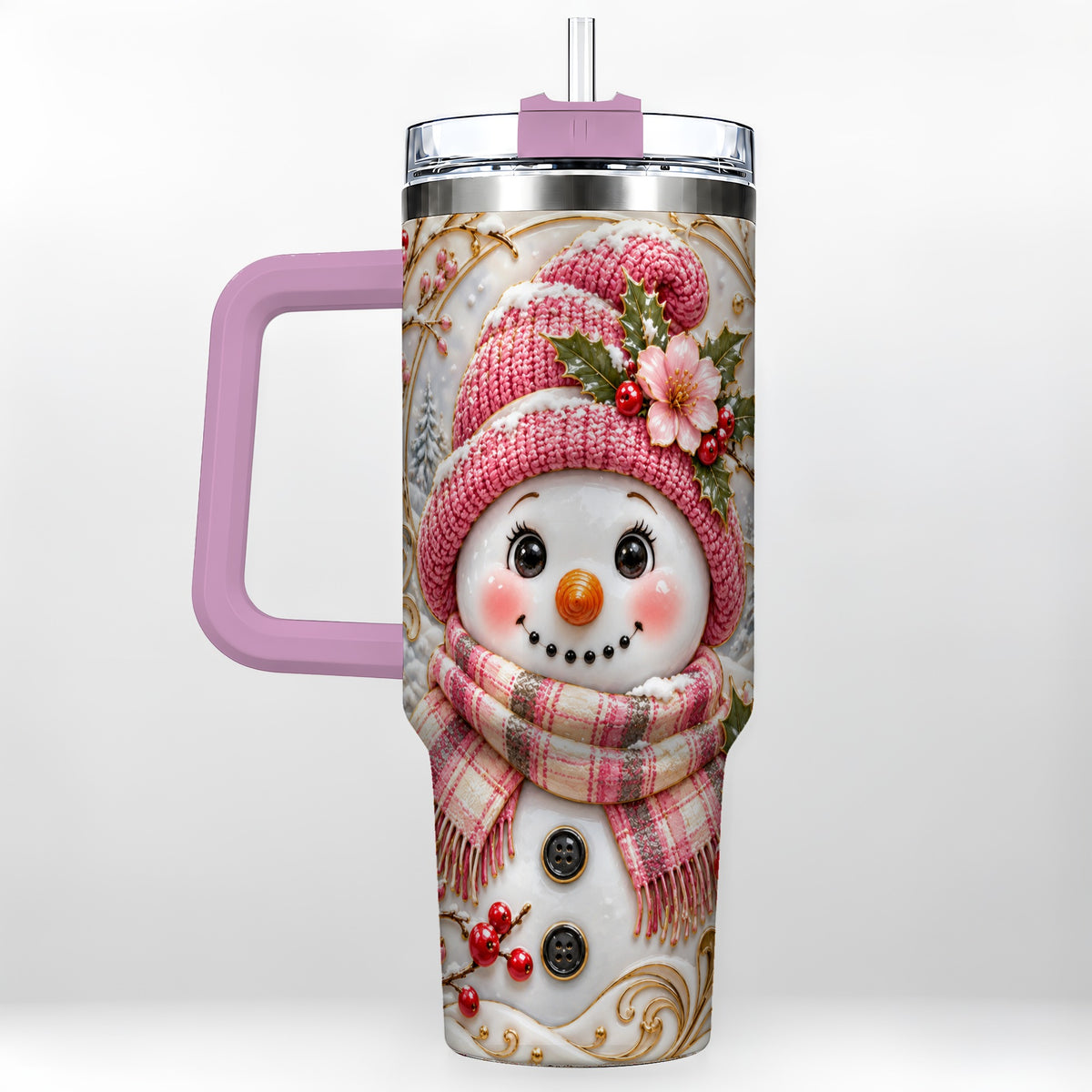 #pl[40oz|Pink] Pink Winter Snowman 40oz Tumbler, Floral Stainless Steel Travel Cup
