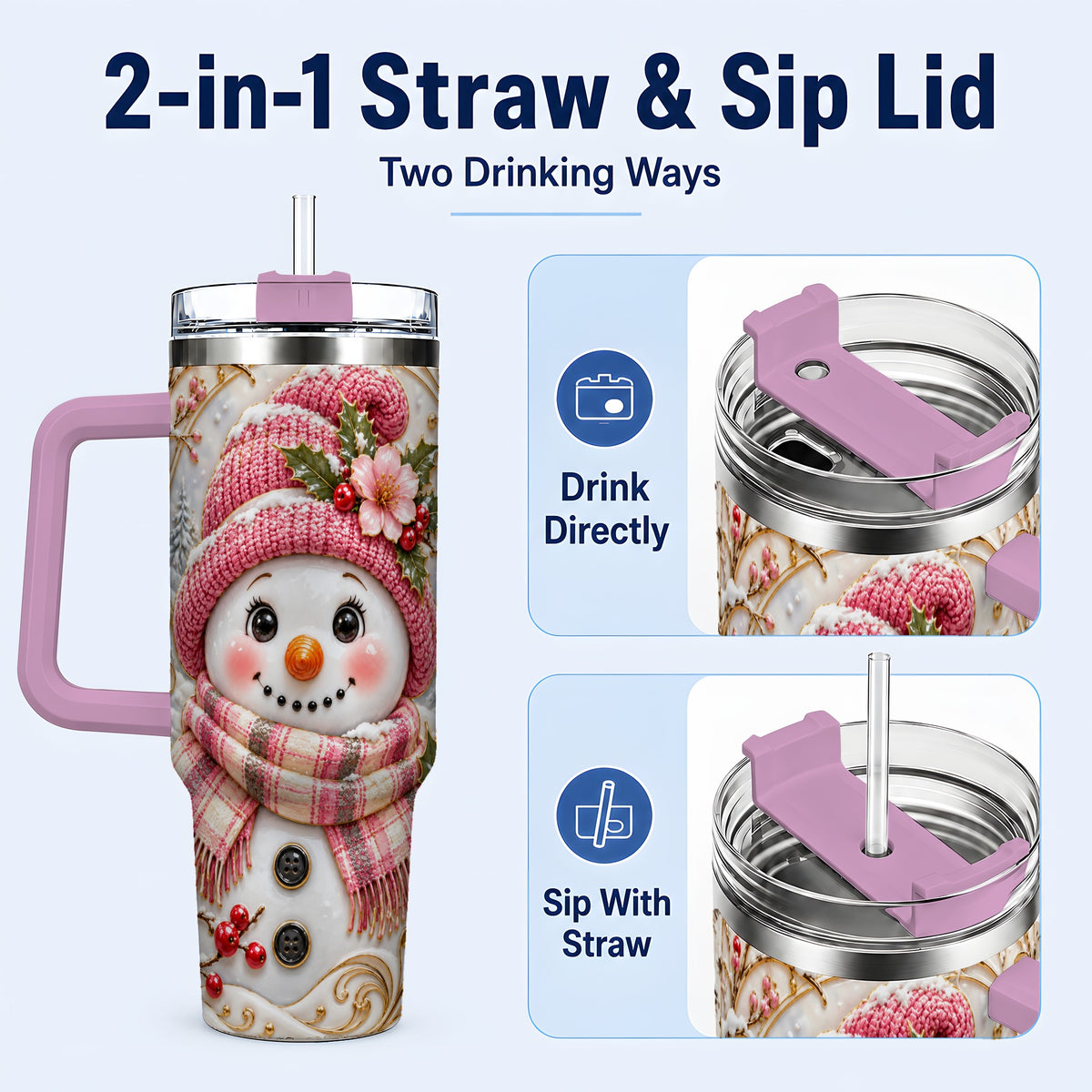 #pl[40oz|Pink] Pink Winter Snowman 40oz Tumbler, Floral Stainless Steel Travel Cup
