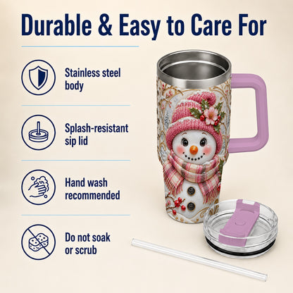 #pl[40oz|Pink] Pink Winter Snowman 40oz Tumbler, Floral Stainless Steel Travel Cup