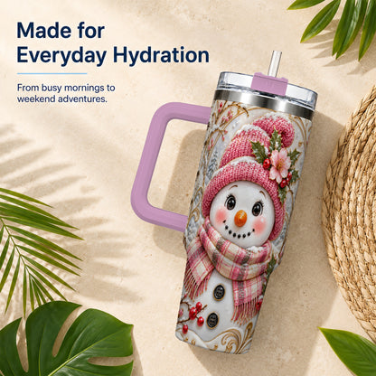 #pl[40oz|Pink] Pink Winter Snowman 40oz Tumbler, Floral Stainless Steel Travel Cup