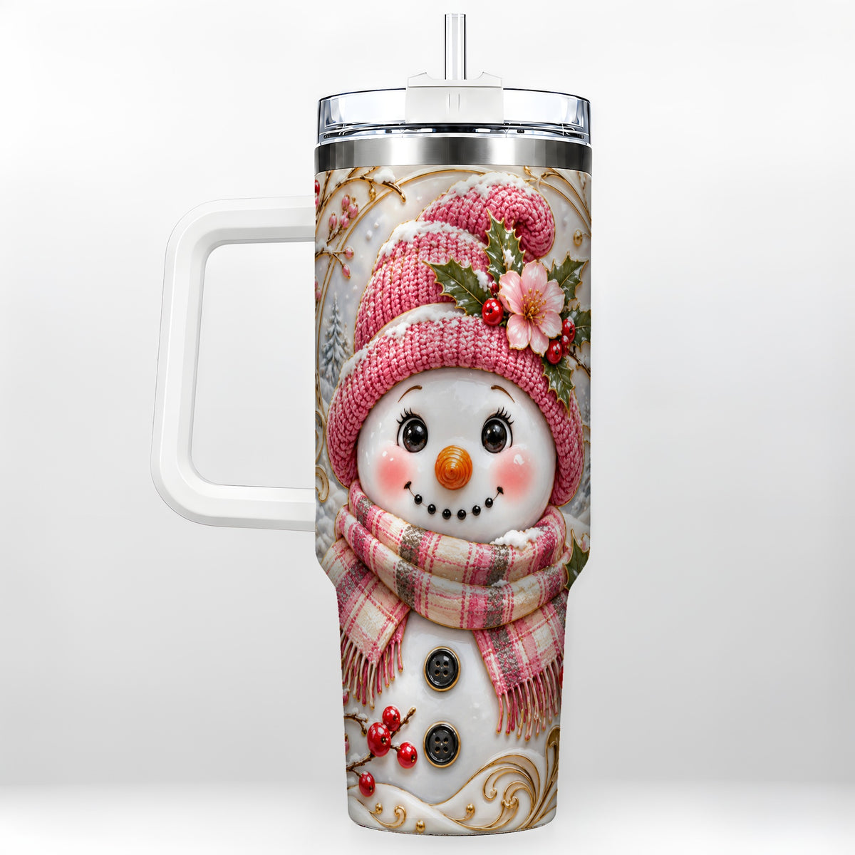 Pink Winter Snowman 40oz Tumbler, Floral Stainless Steel Travel Cup