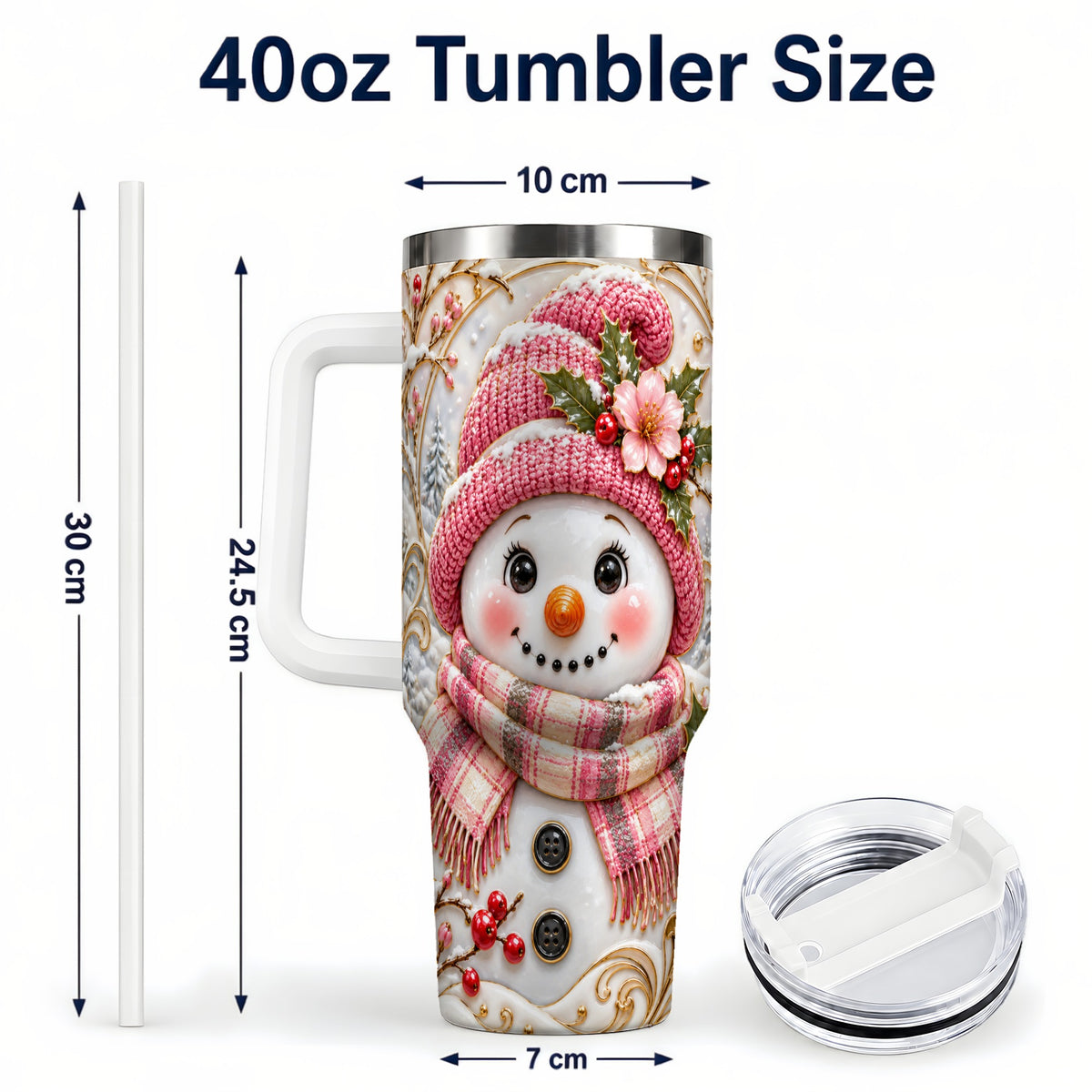 #pl[40oz|White] Pink Winter Snowman 40oz Tumbler, Floral Stainless Steel Travel Cup