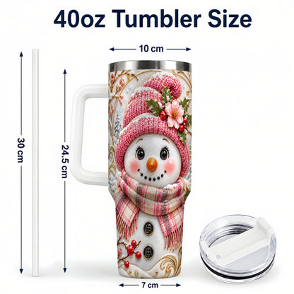 #pl[40oz|White] Pink Winter Snowman 40oz Tumbler, Floral Stainless Steel Travel Cup