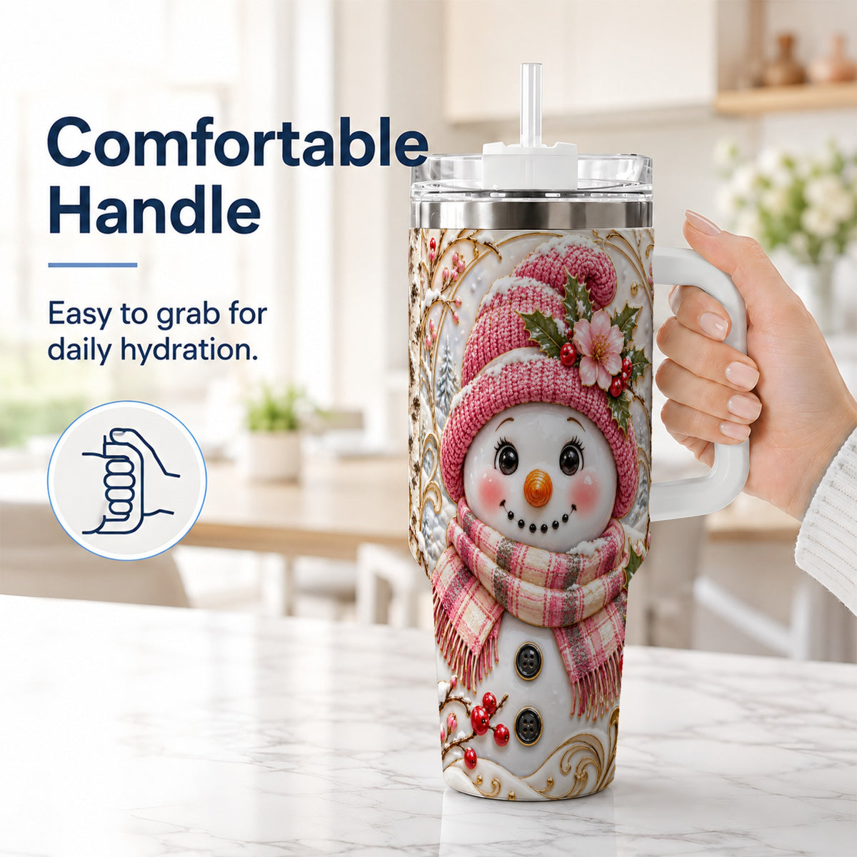 #pl[40oz|White] Pink Winter Snowman 40oz Tumbler, Floral Stainless Steel Travel Cup
