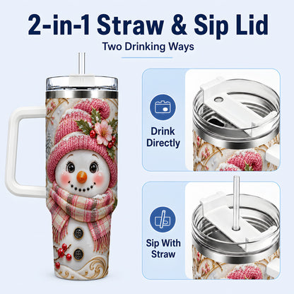 #pl[40oz|White] Pink Winter Snowman 40oz Tumbler, Floral Stainless Steel Travel Cup
