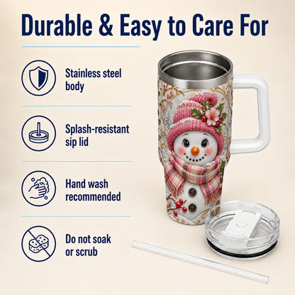 #pl[40oz|White] Pink Winter Snowman 40oz Tumbler, Floral Stainless Steel Travel Cup