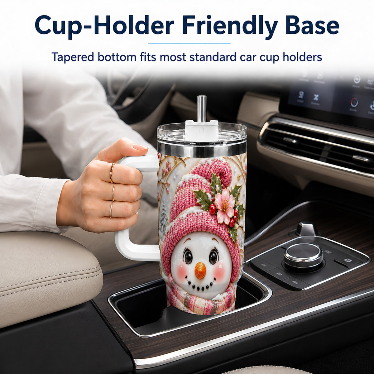 #pl[40oz|White] Pink Winter Snowman 40oz Tumbler, Floral Stainless Steel Travel Cup