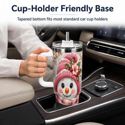 #pl[40oz|White] Pink Winter Snowman 40oz Tumbler, Floral Stainless Steel Travel Cup