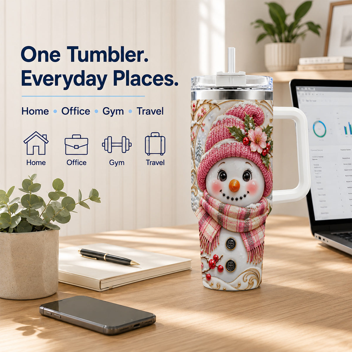 #pl[40oz|White] Pink Winter Snowman 40oz Tumbler, Floral Stainless Steel Travel Cup
