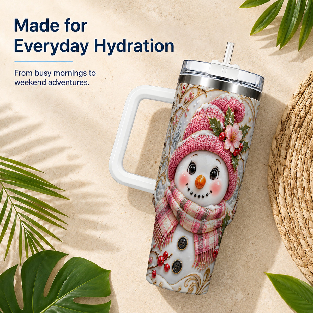 #pl[40oz|White] Pink Winter Snowman 40oz Tumbler, Floral Stainless Steel Travel Cup
