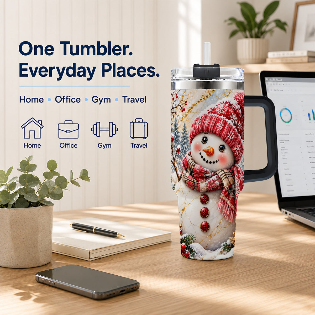 #pl[40oz|Black] Red Winter Snowman 40oz Tumbler, Plaid Stainless Steel Travel Cup