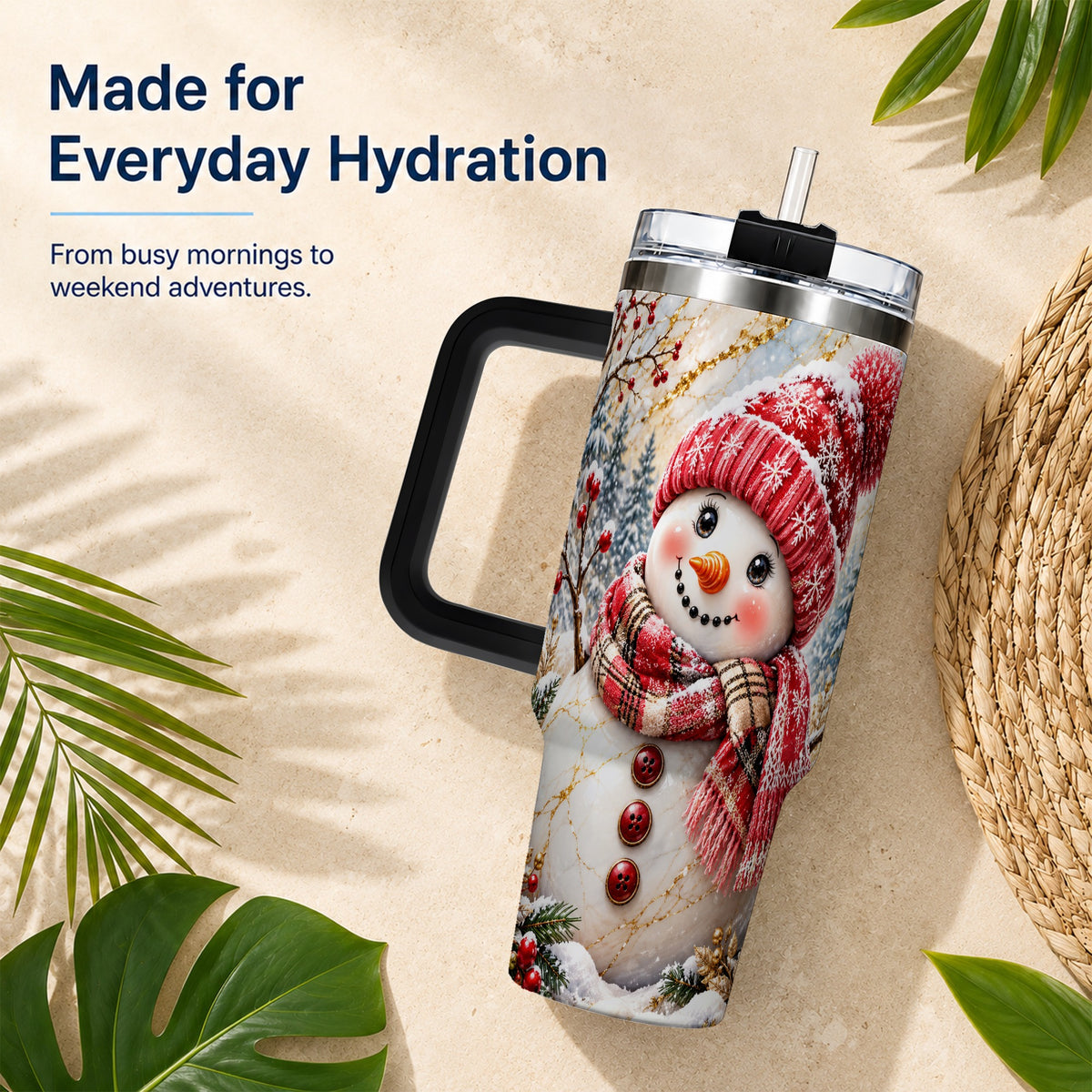 #pl[40oz|Black] Red Winter Snowman 40oz Tumbler, Plaid Stainless Steel Travel Cup