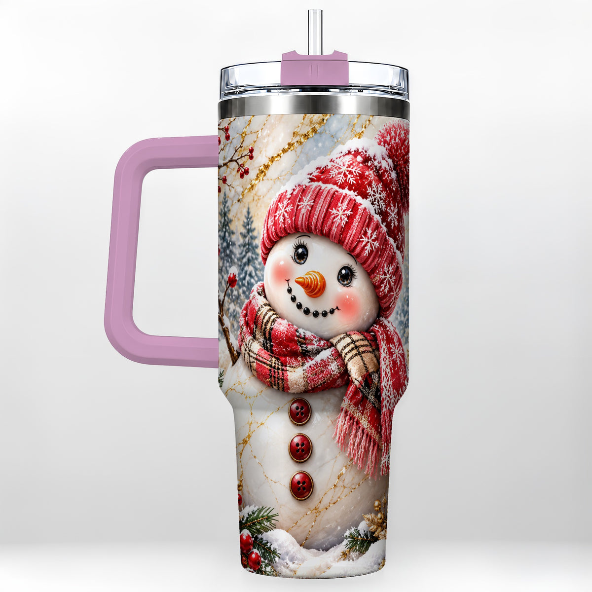 #pl[40oz|Pink] Red Winter Snowman 40oz Tumbler, Plaid Stainless Steel Travel Cup