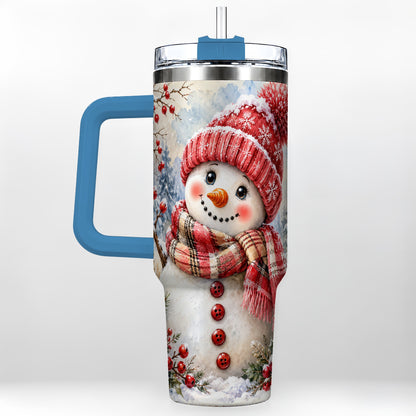 #pl[40oz|Blue] Watercolor Snowman 40oz Tumbler, Plaid Stainless Steel Travel Cup