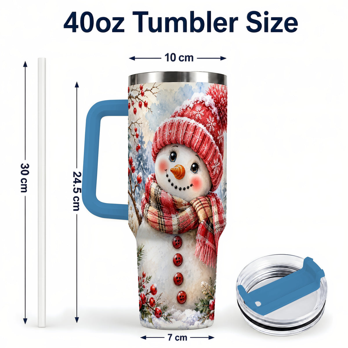 #pl[40oz|Blue] Watercolor Snowman 40oz Tumbler, Plaid Stainless Steel Travel Cup