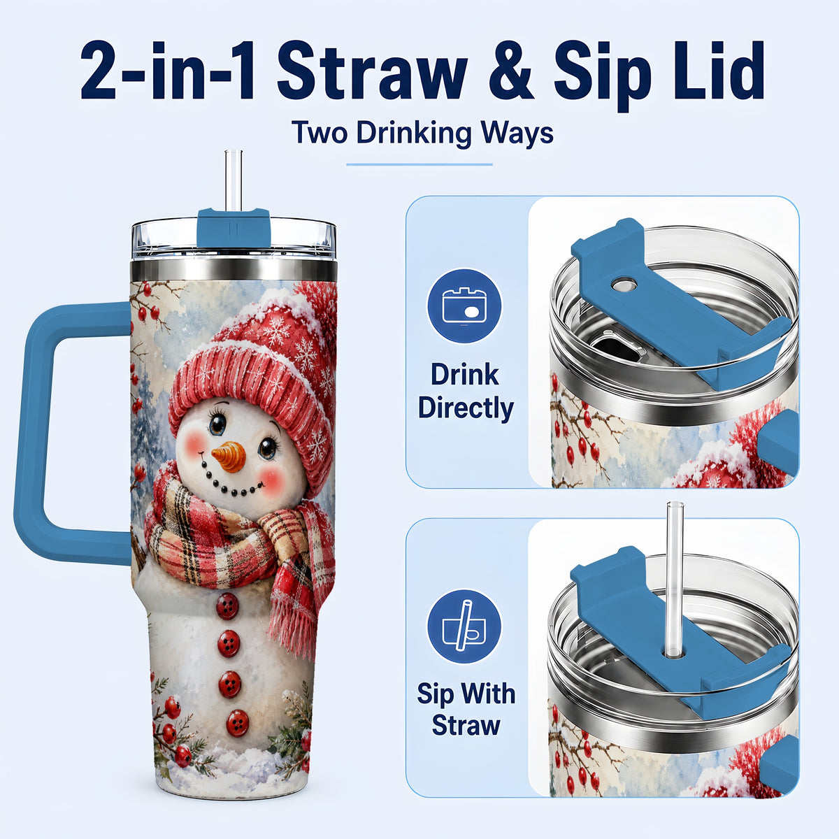 #pl[40oz|Blue] Watercolor Snowman 40oz Tumbler, Plaid Stainless Steel Travel Cup