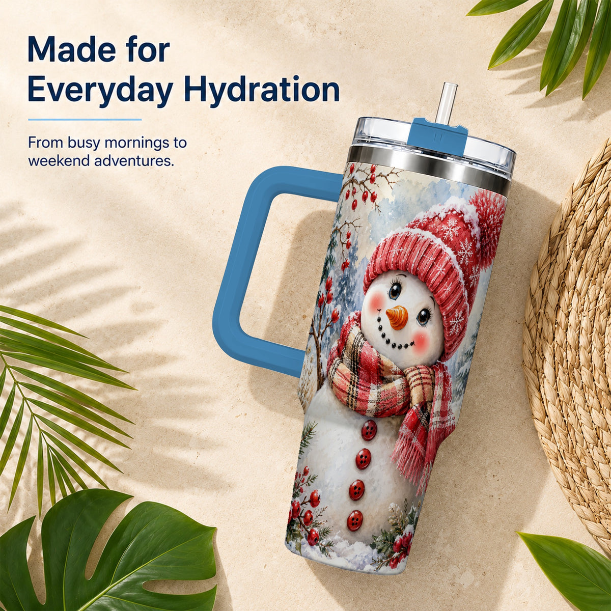 #pl[40oz|Blue] Watercolor Snowman 40oz Tumbler, Plaid Stainless Steel Travel Cup
