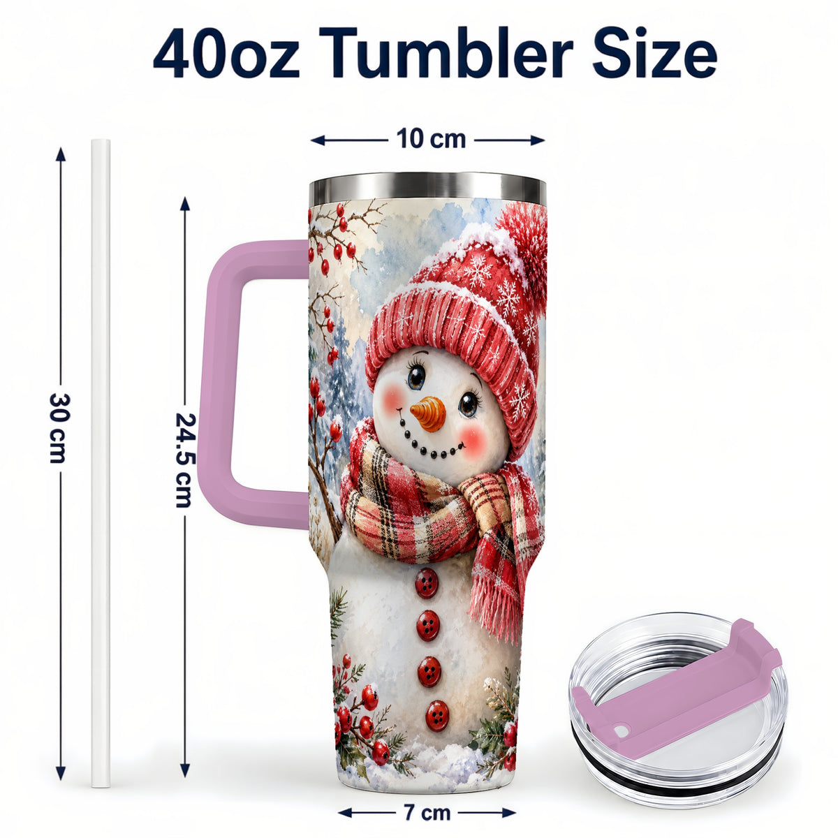 #pl[40oz|Pink] Watercolor Snowman 40oz Tumbler, Plaid Stainless Steel Travel Cup