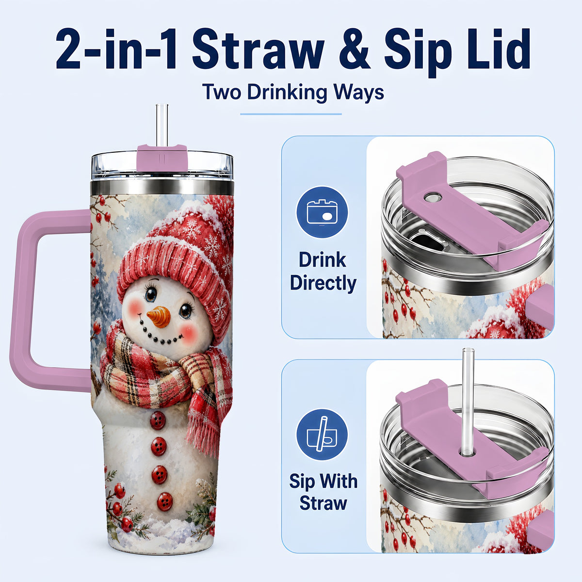 #pl[40oz|Pink] Watercolor Snowman 40oz Tumbler, Plaid Stainless Steel Travel Cup