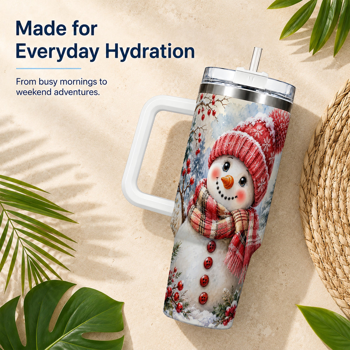 #pl[40oz|White] Watercolor Snowman 40oz Tumbler, Plaid Stainless Steel Travel Cup