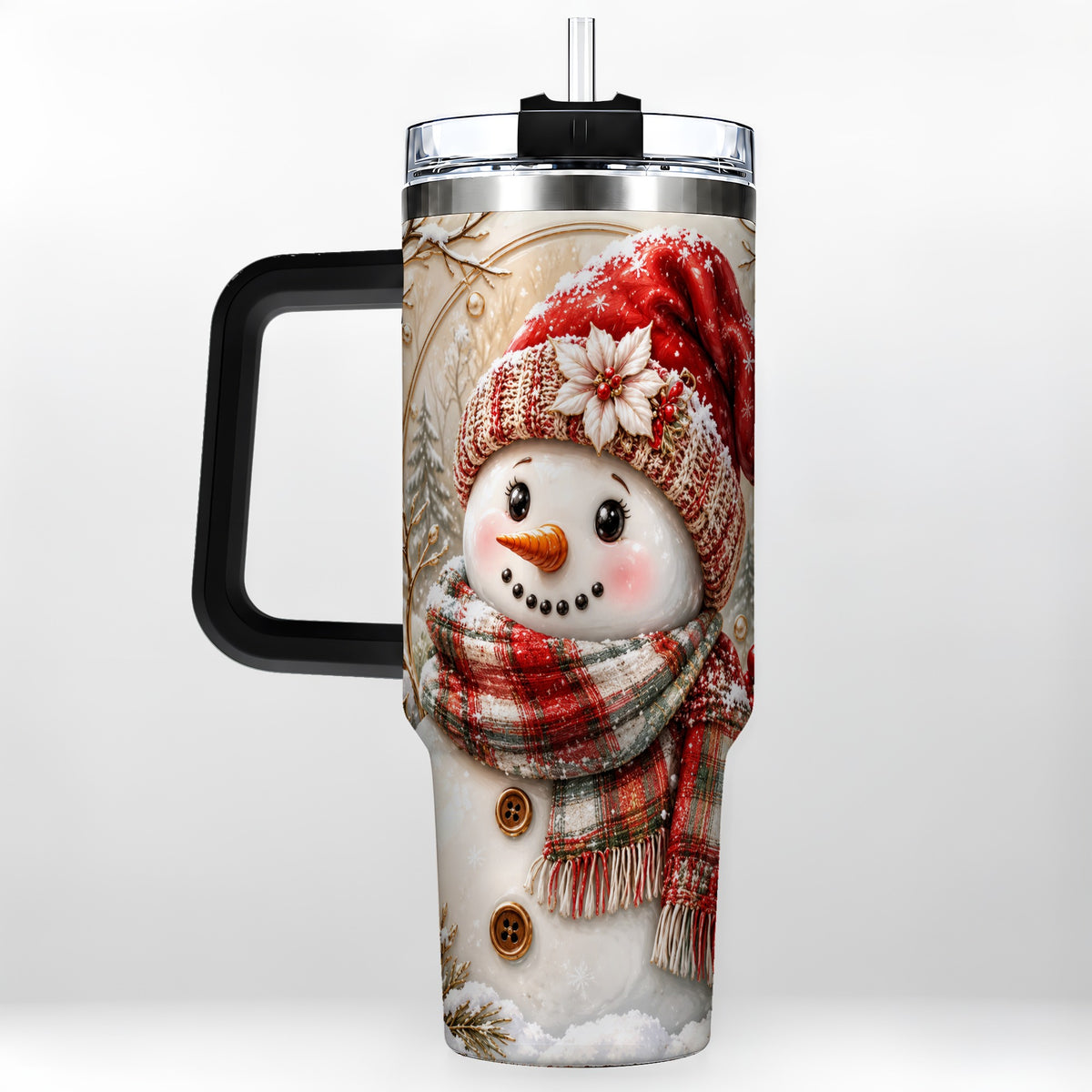 #pl[40oz|Black] Festive Snowman 40oz Tumbler, Poinsettia Stainless Steel Travel Cup