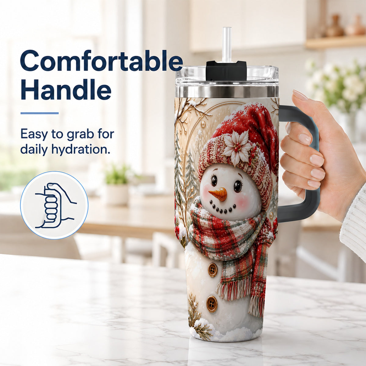 #pl[40oz|Black] Festive Snowman 40oz Tumbler, Poinsettia Stainless Steel Travel Cup