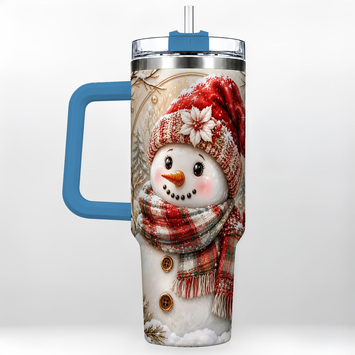 #pl[40oz|Blue] Festive Snowman 40oz Tumbler, Poinsettia Stainless Steel Travel Cup