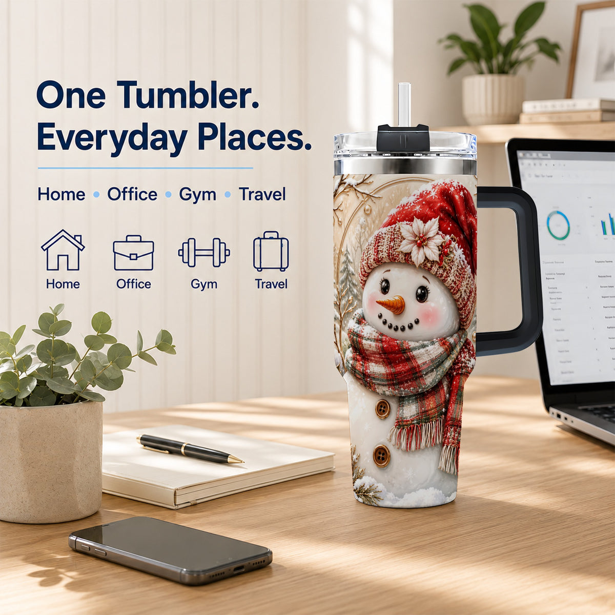 #pl[40oz|Black] Festive Snowman 40oz Tumbler, Poinsettia Stainless Steel Travel Cup