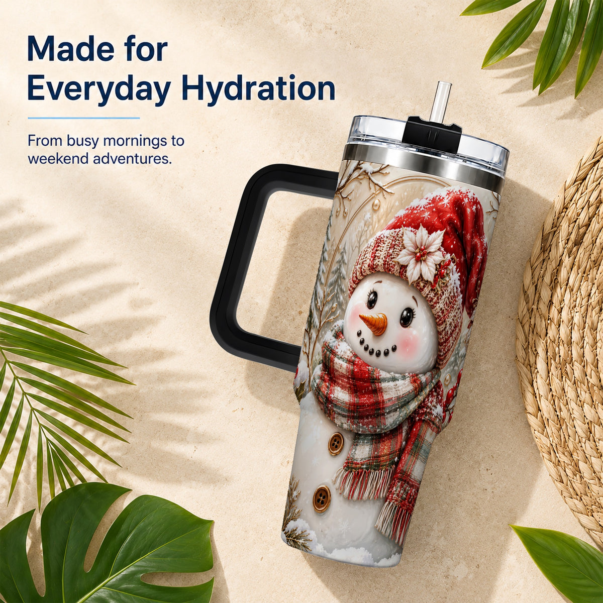 #pl[40oz|Black] Festive Snowman 40oz Tumbler, Poinsettia Stainless Steel Travel Cup