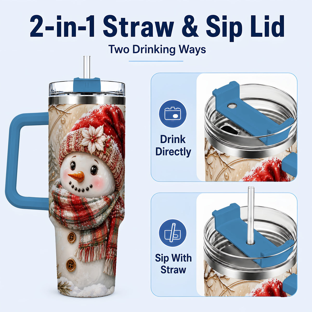 #pl[40oz|Blue] Festive Snowman 40oz Tumbler, Poinsettia Stainless Steel Travel Cup
