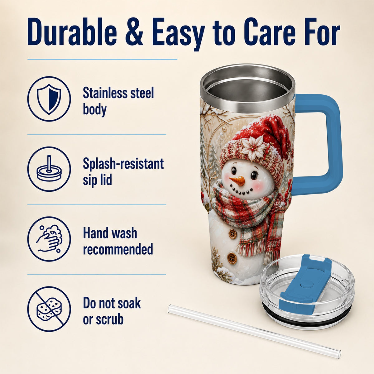 #pl[40oz|Blue] Festive Snowman 40oz Tumbler, Poinsettia Stainless Steel Travel Cup