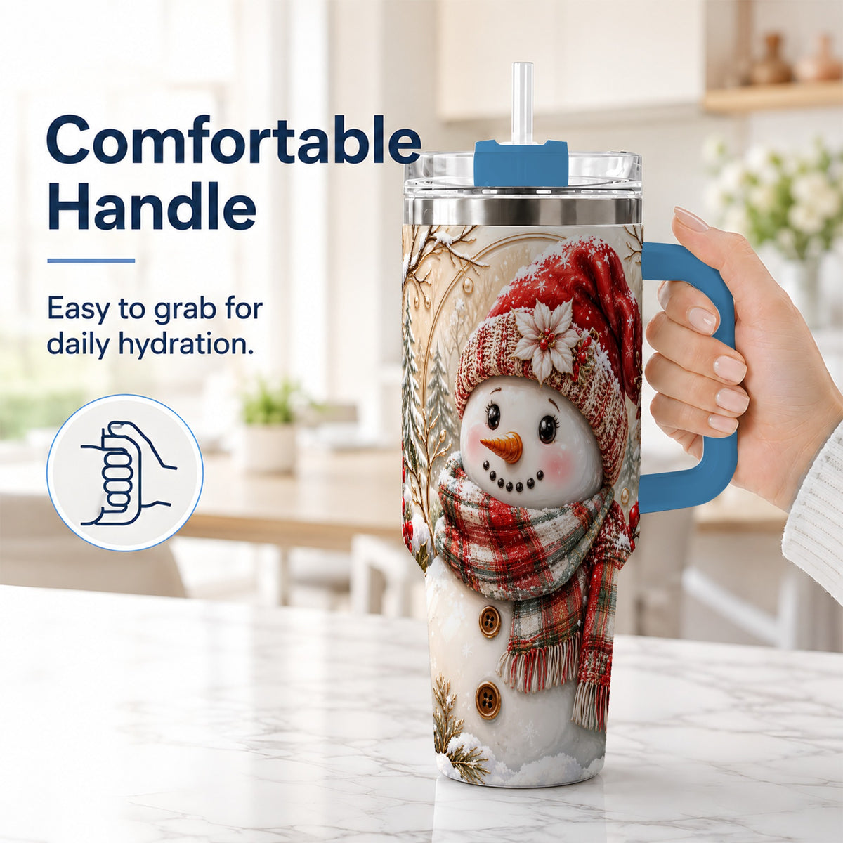 #pl[40oz|Blue] Festive Snowman 40oz Tumbler, Poinsettia Stainless Steel Travel Cup