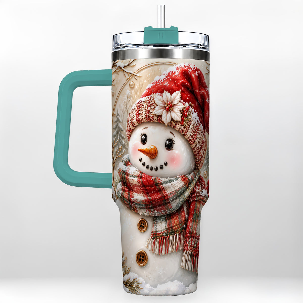 #pl[40oz|Green] Festive Snowman 40oz Tumbler, Poinsettia Stainless Steel Travel Cup