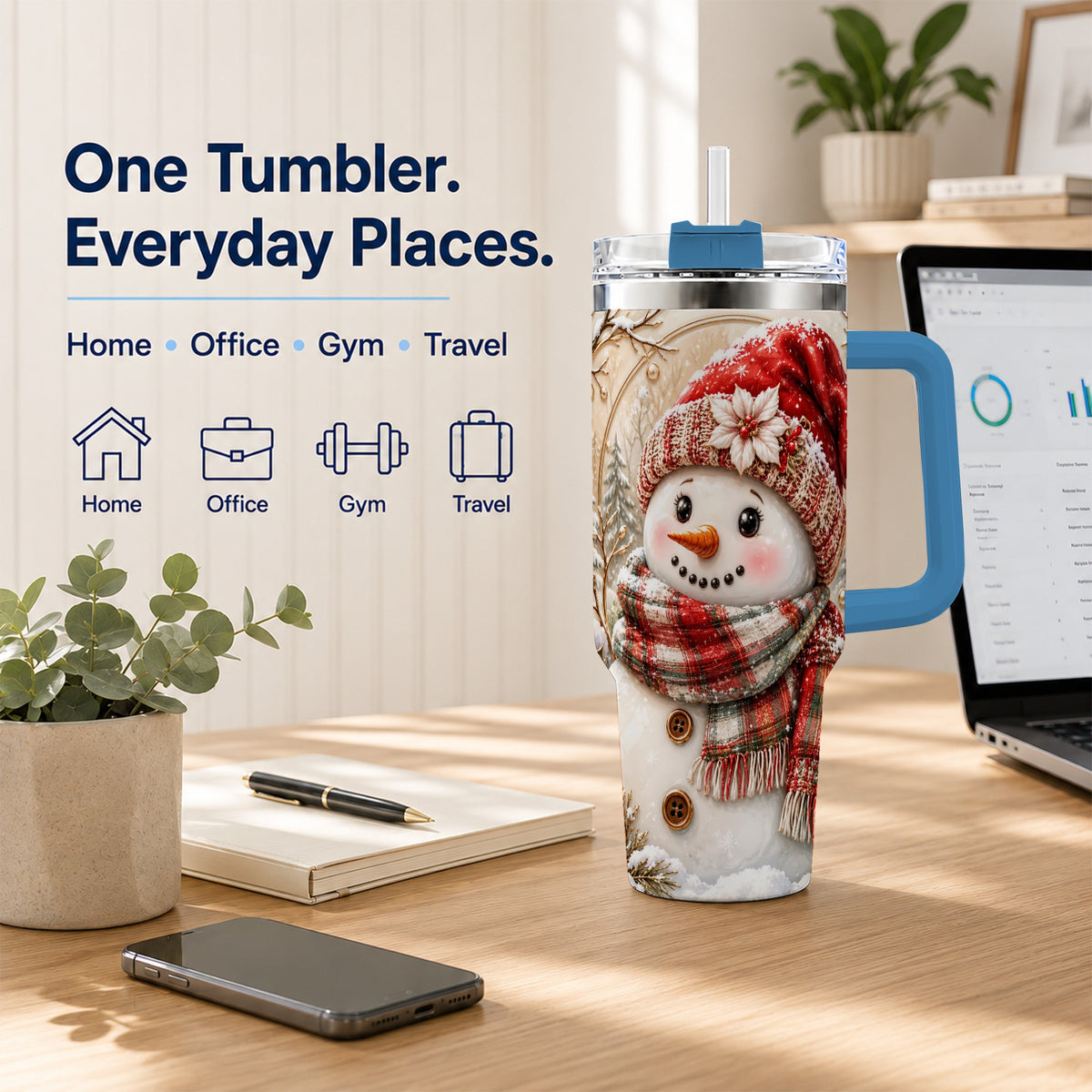 #pl[40oz|Blue] Festive Snowman 40oz Tumbler, Poinsettia Stainless Steel Travel Cup