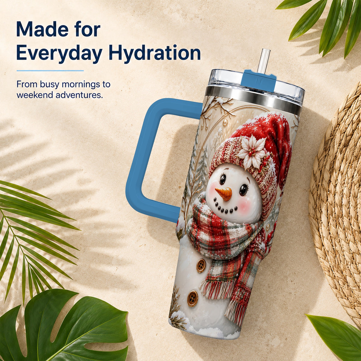 #pl[40oz|Blue] Festive Snowman 40oz Tumbler, Poinsettia Stainless Steel Travel Cup